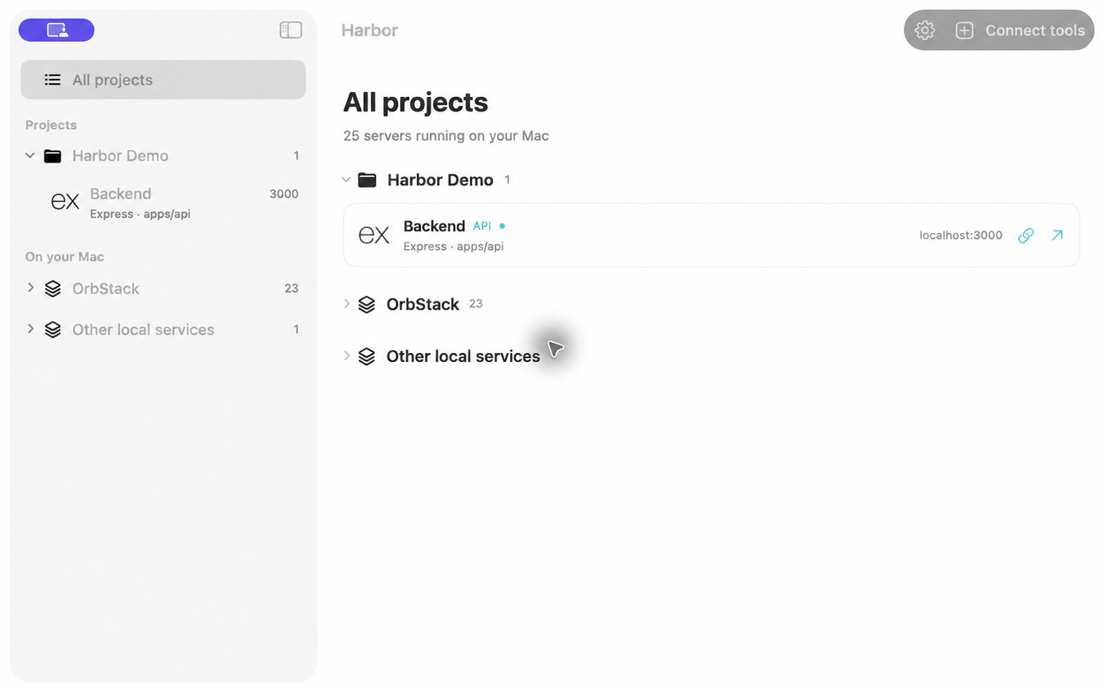 Harbor running on macOS: All projects shows an Express backend, with OrbStack and other local services grouped separately.